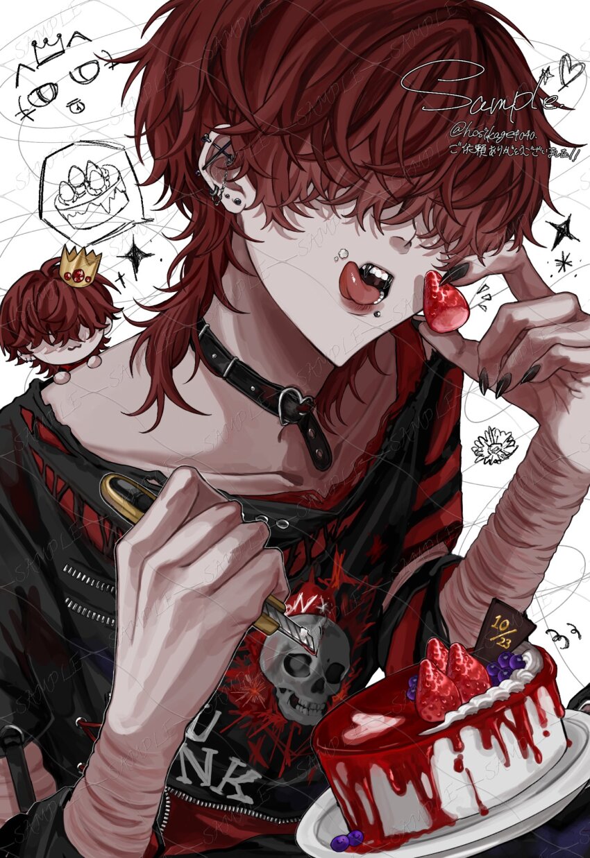1boy arm_warmers belt_collar black_arm_warmers black_shirt brown_hair cake chibi chibi_inset collar face_piercing fangs fingernails food fruit highres holding holding_food holding_fruit hosikage4040 licking_lips lip_piercing male_focus messy_hair mullet original piercing sharp_fingernails shirt short_hair skull_print solo strawberry_cake striped_clothes striped_shirt tongue tongue_out upper_body wrist_cutting