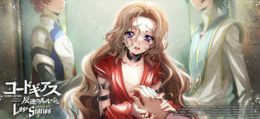1girl 2boys bare_shoulders choker code_geass code_geass:_lost_stories commentary_request crying dress elbow_gloves f4samurai gloves highres kururugi_suzaku lelouch_vi_britannia long_hair multiple_boys nunnally_vi_britannia official_art open_mouth purple_eyes red_dress sad short_hair solo teeth very_long_hair