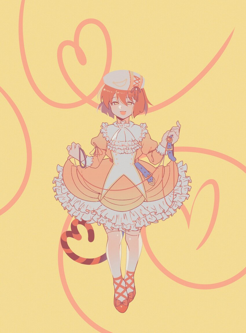 1girl ascot beret bow brown_hair buttons cat_tail cicococo ciconia_no_naku_koro_ni collar dress frilled_sleeves frills hat highres holding holding_leash leash long_sleeves meow_(ciconia) open_mouth pantyhose puffy_sleeves red_bow red_ribbon red_shoes ribbon shoes short_hair smile solo string tail white_ascot white_pantyhose yellow_dress yellow_eyes