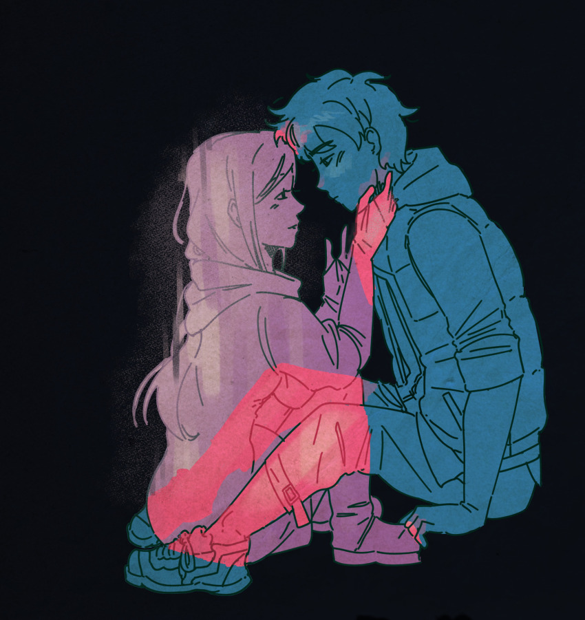 1boy 1girl ayellowapple black_background closed_mouth commentary english_commentary from_side highres hood hood_down junpei_(kyokugen_dasshutsu) kurashiki_akane kyokugen_dasshutsu kyokugen_dasshutsu:_9_jikan_9_nin_9_no_tobira limited_palette long_sleeves pants shoelaces shoes simple_background sitting