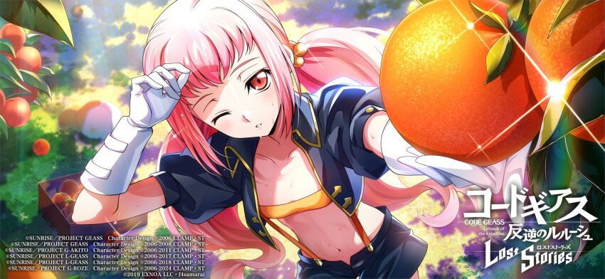 1girl anya_alstreim basket breasts code_geass code_geass:_lost_stories collarbone copyright_name cropped_jacket female_focus food fruit gloves grass hair_ornament hairclip highres leaf light_blush navel official_art one_eye_closed orange_(fruit) outdoors parted_lips picking_fruit pink_hair puffy_sleeves shorts small_breasts suspenders sweat white_gloves