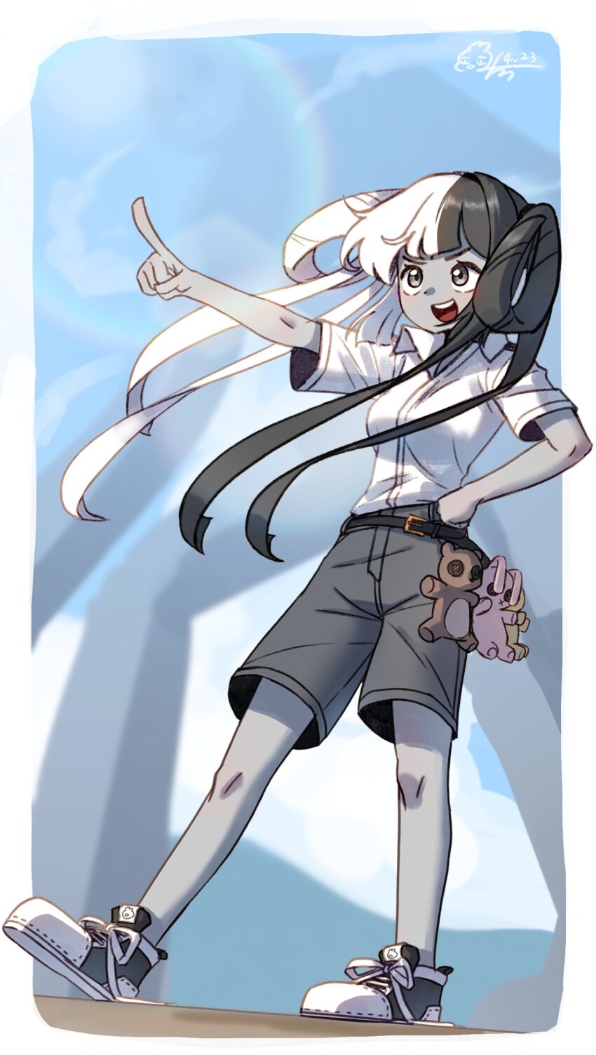 1girl 99dulgi belt black_hair blue_sky border breasts collared_shirt floating_hair full_body grey_shorts hair_rings hand_on_own_hip hashtag-only_commentary highres lens_flare long_hair multicolored_hair open_mouth original outdoors outside_border pointing shirt shoes shorts signature sky small_breasts smile solo split-color_hair standing teeth two-tone_hair upper_teeth_only white_border white_hair white_shirt