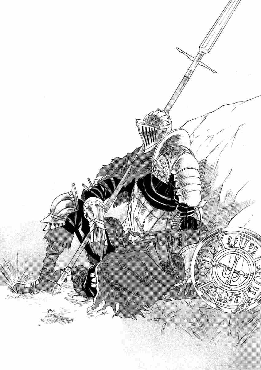 1boy 913kousatu absurdres armor boots bradley_of_the_old_guard commentary_request dark_souls_(series) dark_souls_ii full_armor full_body greyscale helm helmet highres knee_armor knight male_focus monochrome pants pauldrons polearm shield shirt shoulder_armor sitting solo spear weapon weapon_across_shoulders