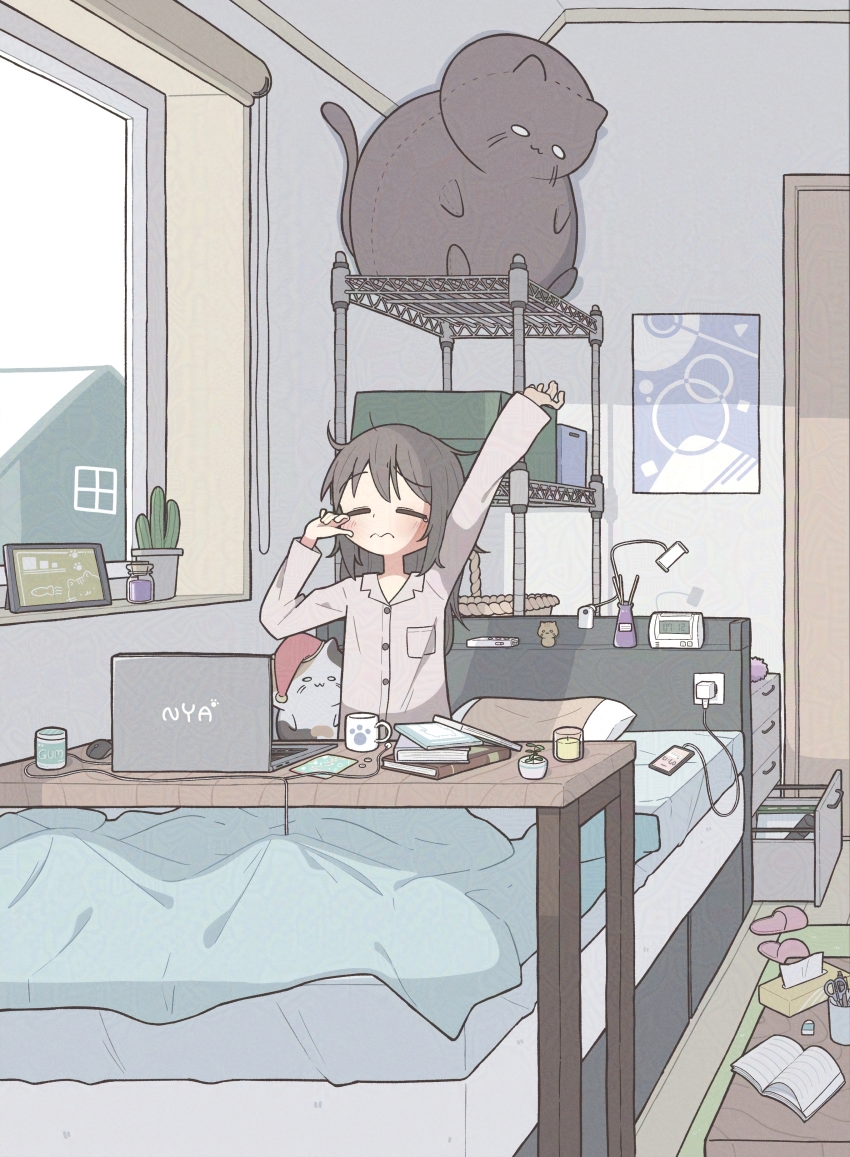 1girl absurdres adversarial_noise alarm_clock arm_up black_hair blanket buttons cactus candle cellphone charging_device cheribon clock closed_mouth computer computer_mouse cup door highres indoors laptop long_hair long_sleeves mug original pajamas phone rubbing_eyes slippers smartphone stretching stuffed_animal stuffed_cat stuffed_toy table tissue_box unworn_slippers waking_up window