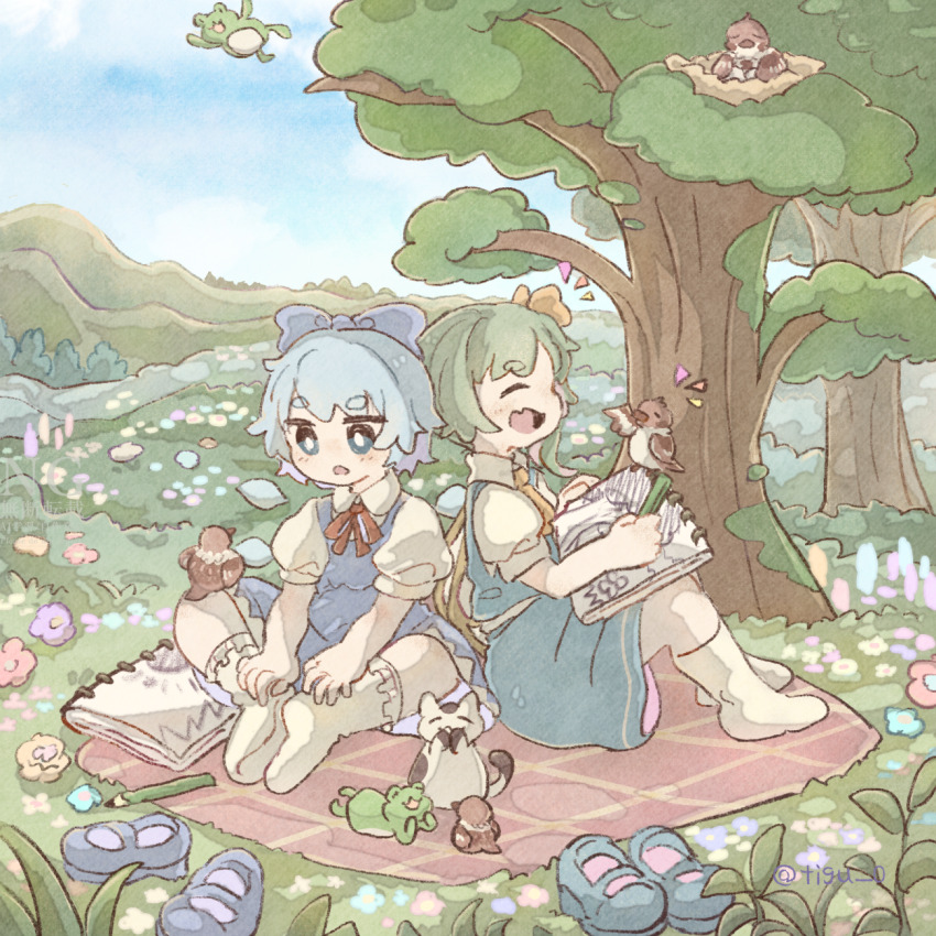 2girls :d :o ^_^ animal aqua_eyes ascot bird blue_bow blue_dress blue_eyes blue_flower blue_shoes blue_skirt blue_sky blue_vest bow cat chigu cirno closed_eyes commentary_request daiyousei day detached_wings drawing_(action) drawing_(object) dress fairy_wings fang field flower frog green_hair hair_bow highres holding holding_pencil mary_janes multiple_girls neck_ribbon nest open_mouth outdoors pencil pink_flower puffy_short_sleeves puffy_sleeves purple_flower red_flower red_ribbon ribbon shoes short_hair short_sleeves sitting sketchbook skin_fang skirt skirt_set sky smile socks touhou tree unworn_shoes vest white_socks wings yellow_ascot
