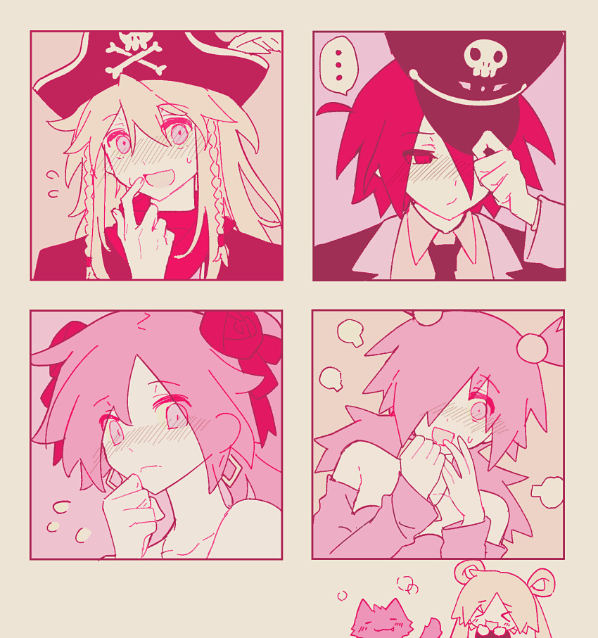 >_< ... 2boys 3girls :d animal anna_(epic_battle_fantasy) anonymous1203 bare_shoulders blonde_hair border cat earrings embarrassed epic_battle_fantasy everyone flower flustered hair_flower hair_ornament hair_over_one_eye hat hat_ornament hat_tip highres hikari_(epic_battle_fantasy) jewelry lance_(epic_battle_fantasy) long_hair matt_(epic_battle_fantasy) multiple_boys multiple_girls multiple_views neckerchief necklace necktie nervous_sweating nolegs_(epic_battle_fantasy) open_mouth pink_eyes pink_theme pirate_hat portrait quad_tails red_eyes red_flower red_hair red_neckerchief red_rose rose shirt short_hair skull_hat_ornament smile sweat sweatdrop yellow_background yellow_shirt