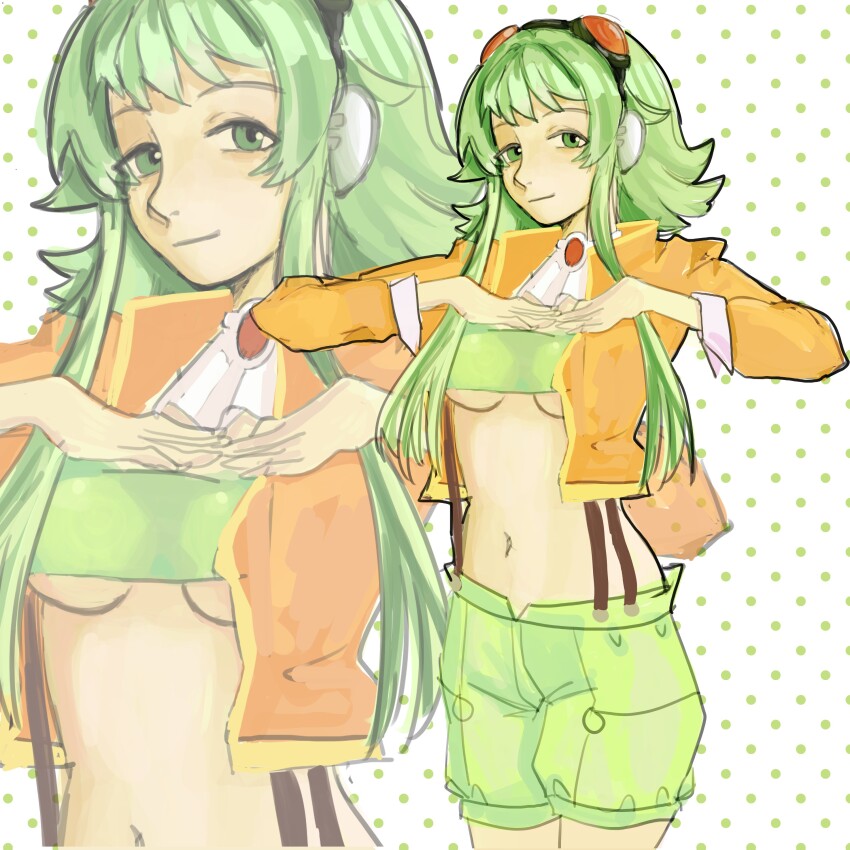 1girl absurdres ascot black-framed_eyewear breasts closed_mouth commentary english_commentary gem goggles goggles_on_head green_eyes green_hair green_shorts green_sports_bra gumi gumi_(v3_megpoid) hatsuno headphones highres jacket looking_at_viewer medium_breasts midriff navel orange_jacket polka_dot polka_dot_background red-tinted_eyewear short_hair_with_long_locks shorts sports_bra suspenders tinted_eyewear underboob vocaloid white_ascot zoom_layer