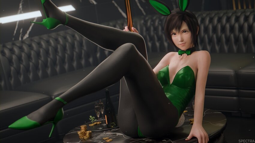 1girl 3d alcohol animal_ears bare_shoulders black_hair blender_(medium) bow bowtie champagne couch final_fantasy final_fantasy_vii final_fantasy_vii_rebirth final_fantasy_vii_remake high_heels highres leotard medium_hair nail_polish playboy_bunny rabbit_ears sabotender sitting spectra_3d yuffie_kisaragi