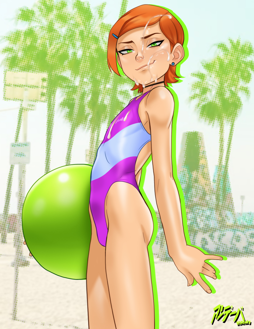 1girl absurdres andava artist_name ass ball bare_shoulders beach beachball ben_10 black_choker choker cum cum_on_body earrings facial green_eyes gwen_tennyson highres jewelry loli looking_at_viewer one-piece_swimsuit orange_hair short_hair smile solo swimsuit thighs
