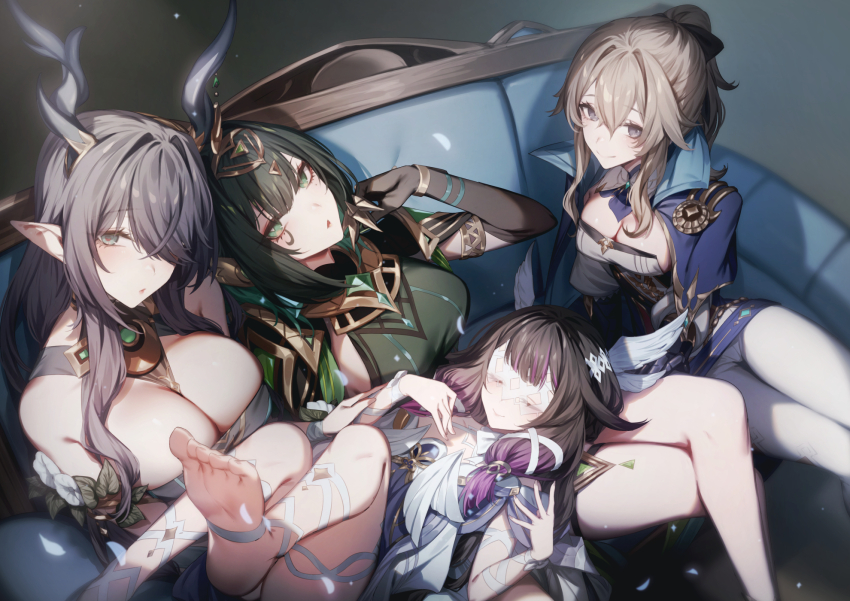 4girls bare_shoulders black_gloves black_hair blush breasts closed_eyes closed_mouth columbina_(genshin_impact) commentary_request couch crossed_legs elbow_gloves feet genshin_impact genyaky gloves green_eyes green_hair grey_hair hair_over_one_eye highres horns jean_(genshin_impact) lauma_(genshin_impact) looking_at_viewer lying multiple_girls nefer_(genshin_impact) on_back on_couch one_eye_covered parted_lips pointy_ears ponytail purple_hair short_hair sidelocks sitting smile soles thighs toes