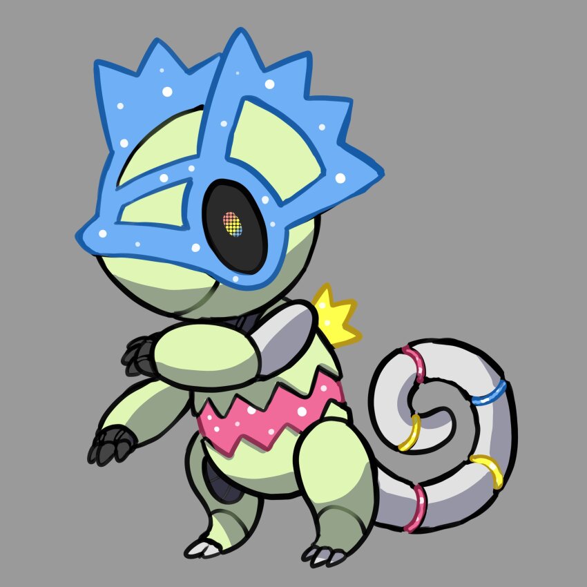 absurdres adoptable black_sclera closed_mouth colored_sclera commentary english_commentary fakemon full_body gen_3_pokemon grey_background highres kecleon multicolored_eyes nintendo no_humans non-humanoid_robot original pixel_eyes pokemon pokemon_(creature) pokemon_focus rgreywind robot robot_animal simple_background solo standing tail