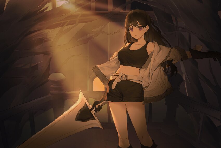 1girl anli_(jwcpp4sum0mgk5r) bang_dream! bang_dream!_it's_mygo!!!!! black_hair black_shorts black_tank_top breasts commentary crop_top hashtag-only_commentary highres holding holding_sword holding_weapon jacket large_breasts looking_at_viewer midriff mole open_clothes open_jacket purple_eyes shiina_taki shorts solo sword tank_top weapon white_jacket