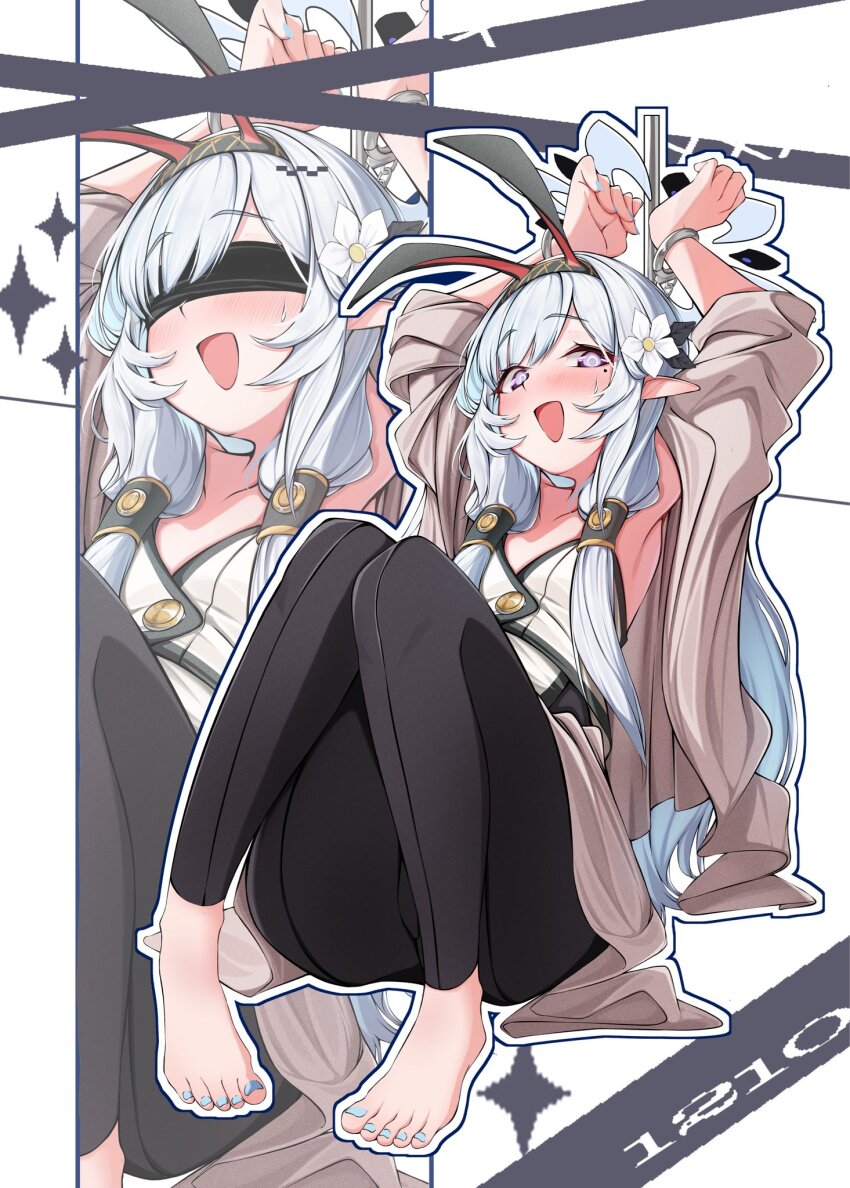 1girl animal_ears aqua_nails arms_up barefoot black_hairband black_pants blindfold blue_archive blush cuffed cuffs flower hair_flower hair_ornament hair_tubes hairband halo handcuffs highres himari_(blue_archive) knees_up long_hair looking_at_viewer mole mole_under_eye multicolored_halo nojikorirakkusu open_mouth pants pointy_ears pole purple_eyes rabbit_ears sitting solo striped_clothes striped_hairband two-tone_halo white_hair white_halo zoom_layer