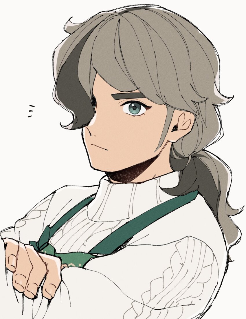 1boy apron arven_(holiday_2025)_(pokemon) arven_(pokemon) brown_hair closed_mouth commentary_request green_apron green_eyes hair_over_one_eye hand_on_own_arm highres male_focus mocollie nintendo notice_lines official_alternate_costume pokemon pokemon_masters_ex solo sweater upper_body white_background white_sweater