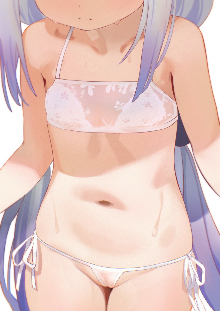 1girl absurdres bikini cameltoe dragon_girl eugrlt female_focus flat_chest hair_ornament hairclip head_out_of_frame highres huge_filesize kanna_kamui kobayashi-san_chi_no_maidragon legs loli long_hair navel side-tie_bikini_bottom simple_background solo standing stomach sweat swimsuit thighs twintails wet wet_clothes white_background