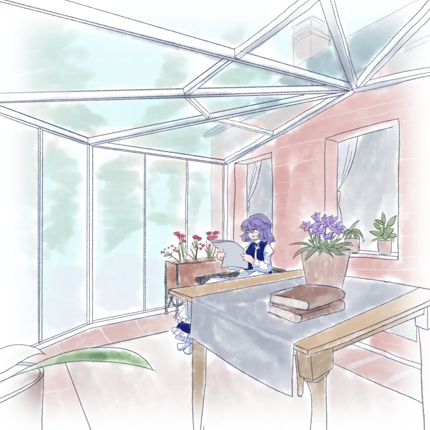 1girl absurdres brick commentary_request highres koyane_(silver81106) letty_whiterock medium_hair plant potted_plant purple_hair solo table tile_floor tiles touhou wooden_table