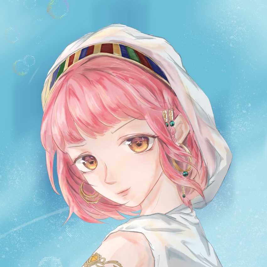 1girl armlet bare_shoulders beads blue_background blunt_bangs braid brown_eyes bubble chinese_commentary cloak closed_mouth commentary_request earrings eyelashes gold_armlet gold_earrings hair_beads hair_ornament hair_tubes happy highres hood hood_up hooded_cloak hoop_earrings infinity_nikki jewelry light_particles lips looking_at_viewer looking_back nikki_(nikki) nikki_(series) pink_lips purifying_wind_(infinity_nikki) shadow side_braids simple_background smile solo twin_braids upper_body white_cloak zilujiqi