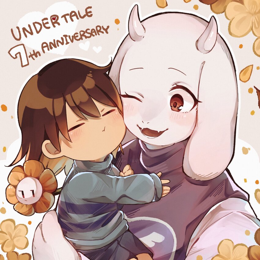1girl 1other absurdres animal_ears anniversary black_shorts blue_sweater blush brown_background brown_hair carrying carrying_person closed_eyes closed_mouth commentary_request copyright_name falling_petals flower flowey_(undertale) frisk_(undertale) furry furry_female goat_ears goat_girl hair_between_eyes heart highres horns long_sleeves looking_at_another lower_teeth_only one_eye_closed outline petals purple_sweater red_eyes short_hair shorts simple_background skn_1027 sleeves_past_wrists striped_clothes striped_sweater sweater teeth toriel turtleneck turtleneck_sweater two-tone_sweater undertale utdr_(toby_fox) white_fur white_outline yellow_flower yellow_petals