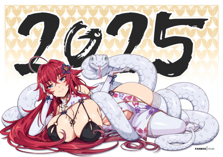1girl 2025 alternate_costume animal bare_hips bare_shoulders blue_eyes breasts china_dress chinese_clothes chinese_zodiac cleavage clothing_cutout dress elbow_gloves fanbox_username female_focus gloves half-closed_eyes happy_new_year high_heels high_school_dxd large_breasts navel_cutout new_year pelvic_curtain python red_hair revealing_clothes rias_gremory shiny_skin skindentation snake thick_thighs thighhighs thighs virus-g year_of_the_snake