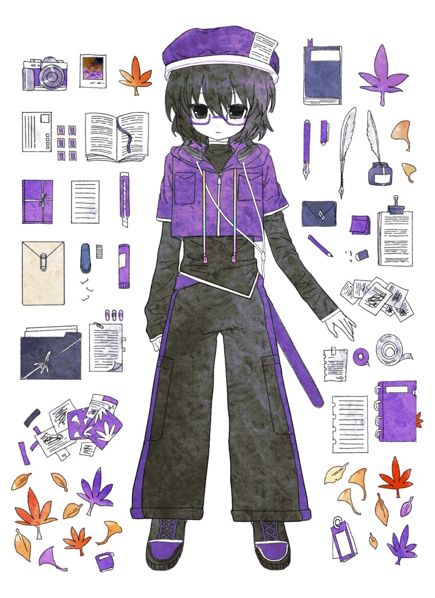 1other absurdres adapted_costume androgynous bingkuaihei black_eyes black_hair black_pants black_shirt camera closed_mouth colored_skin commentary_request cropped_jacket dot_nose envelope eraser folder full_body glasses hair_between_eyes hat headphones headphones_around_neck highres hood hood_down hooded_jacket inkwell jacket journal layered_sleeves leaf len'en long_sleeves looking_at_viewer maple_leaf other_focus pants paper pen pencil polaroid_photo purple_headwear purple_jacket quill second-party_source shirt shitodo_kuroji short_hair short_over_long_sleeves short_sleeves simple_background smile tape white_background white_skin