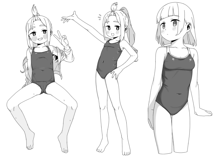 2girls bangs_pinned_back breasts cameltoe flat_chest greyscale grin loli long_hair medium_hair monochrome multiple_girls one-piece_swimsuit original ponytail saiste simple_background small_breasts smile spread_legs swimsuit v white_background