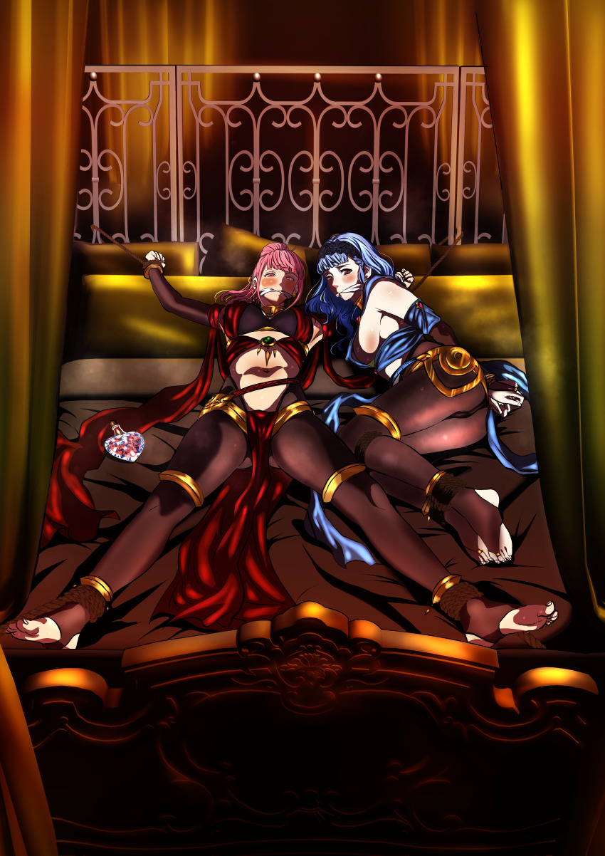 2girls absurdres alternate_costume alternate_hairstyle aphrodisiac arms_behind_back ass bdsm bed bedroom black_panties blue_hair blush bondage bottle bound bound_wrists breasts brown_eyes captured cosplay dancer dorothea_arnault_(plegian)_(cosplay) earrings female_focus fire_emblem fire_emblem:_three_houses fire_emblem_heroes fire_emblem_warriors:_three_hopes gag gagged gluteal_fold hair_between_eyes hairband harem harem_outfit highres hilda_valentine_goneril indoors jewelry kidnapped kidnapped_girl kou_(spad7u59) large_breasts legs long_hair lying marianne_von_edmund medium_breasts medium_hair midriff multiple_girls nintendo nipples official_alternate_hairstyle on_back on_bed paid_reward_available panties pantyhose pelvic_curtain pillow pink_eyes pink_hair ponytail restrained shahid_(fire_emblem) slave spread_eagle_position spread_legs stationary_restraints stirrup_legwear sweat toeless_legwear torn_clothes underwear