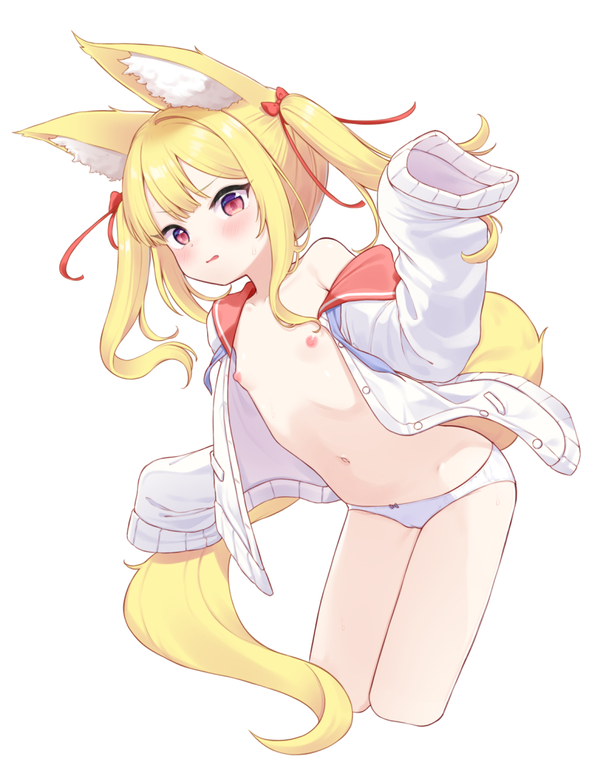 1girl animal_ear_fluff animal_ears blonde_hair bow bow_panties cardigan commentary_request fox_ears fox_tail highres loli long_hair navel nipples no_pants open_clothes original paid_reward_available panties red_eyes shokupan_(slvk12) simple_background sleeves_past_wrists solo tail twintails underwear variant_set white_background white_panties