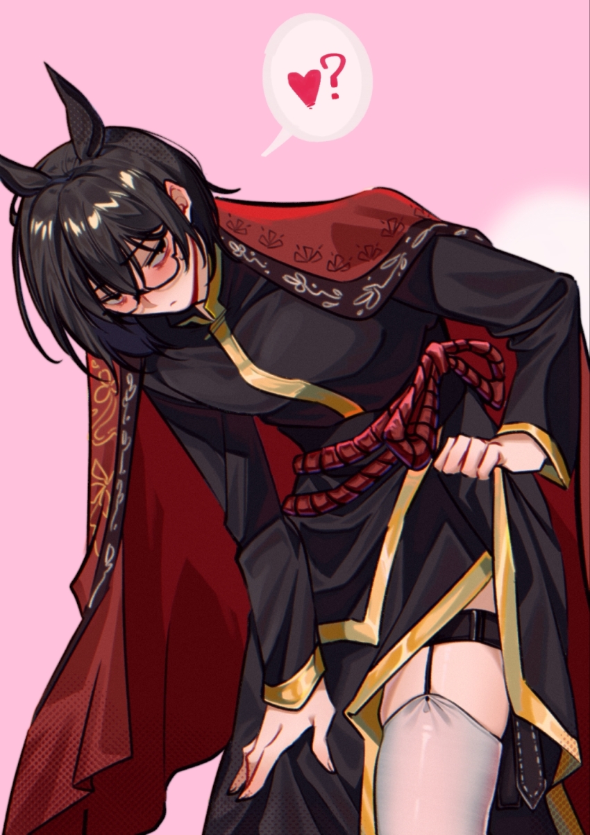 1boy ? animal_ears black_hair black_hanfu blush chinese_clothes chinese_commentary closed_mouth commentary cowboy_shot garter_straps glasses hanfu heart heishou_pack-wu_branch_(identity)_(project_moon) highres hongying_zaihe_hongcha horse_ears lifting_own_clothes limbus_company long_sleeves male_focus project_moon round_eyewear simple_background single_garter_strap solo spoken_heart spoken_question_mark thigh_strap thighhighs white_thighhighs yi_sang_(project_moon)