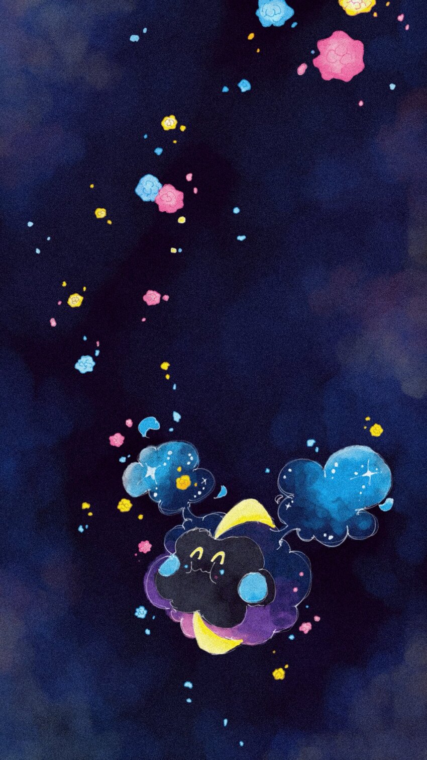 ^_^ black_skin closed_eyes closed_mouth cloud cloudy_sky colored_skin cosmog fukyo gen_7_pokemon highres legendary_pokemon night nintendo pokemon pokemon_(creature) sky smile sparkle star_(symbol) starry_skin yellow_eyes