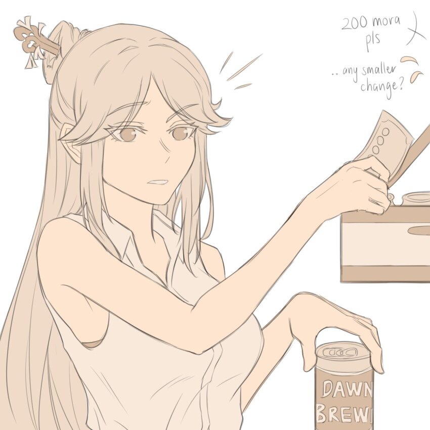 1girl alternate_costume banknote bare_shoulders beer_can box breasts can collared_shirt commentary drink_can english_text flying_sweatdrops genshin_impact greyscale hair_ornament hair_stick hands_up highres holding holding_can holding_money long_hair looking_to_the_side medium_breasts money monochrome ningguang_(genshin_impact) notice_lines shirt sidelocks simple_background sleeveless sleeveless_shirt solo speech_bubble symbol-only_commentary teeth upper_body yurenn