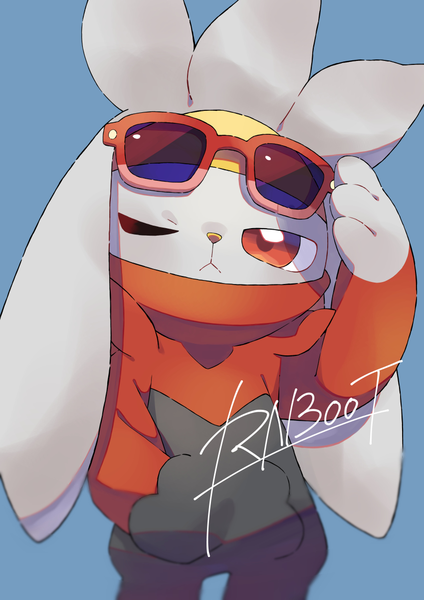 1boy :< absurdres adjusting_eyewear animal_hands animal_nose black_fur blue_background body_fur character_name closed_mouth clothed_pokemon cowboy_shot english_text furry furry_male gen_8_pokemon grey_fur half-closed_eye hand_in_pocket hand_up highres looking_at_viewer male_focus minamo_(pixiv17726065) nintendo one_eye_closed pokemon pokemon_(creature) rabbit_boy rabbit_ears raboot red-framed_eyewear red_eyes red_fur simple_background solo standing sunglasses