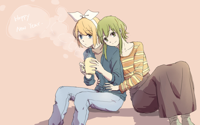 2girls :/ black_skirt blonde_hair blue_eyes blue_pants blue_shirt brown_shirt closed_mouth commentary_request cup green_eyes green_hair gumi hand_on_another's_shoulder hand_on_another's_stomach hand_on_another's_waist hands_up holding holding_cup kagamine_rin long_skirt looking_at_another mug multiple_girls on_ground pants shirt short_hair sidelocks sitting skirt smile split_mouth steam steaming_cup striped_clothes striped_shirt vocaloid wounds404