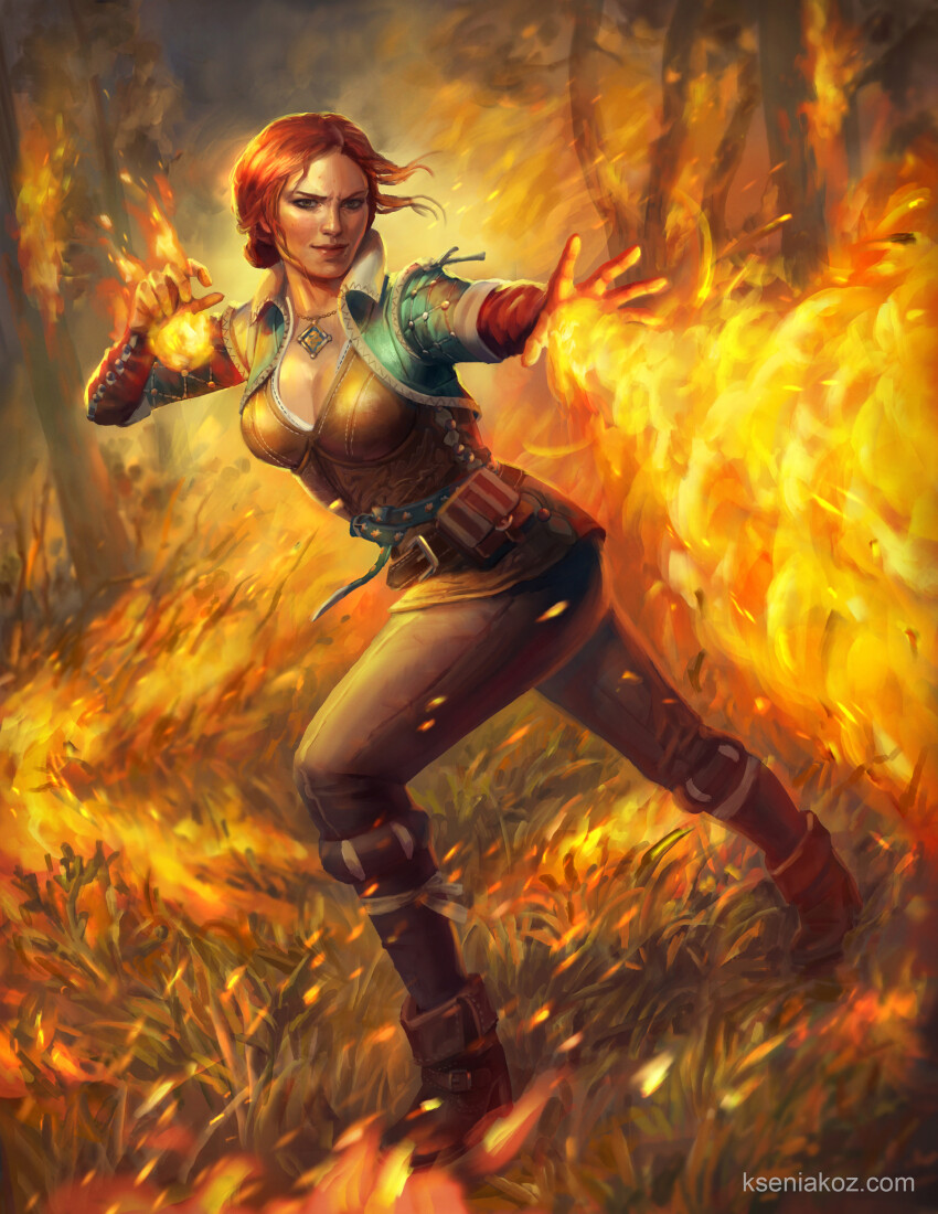 1girl absurdres artist_name boots breasts brown_boots fantasy fire grass grey_pants highres jewelry ksenia_kozhevnikova medium_breasts necklace outdoors pants pyrokinesis red_hair solo standing the_witcher_(series) the_witcher_3 tree triss_merigold watermark web_address