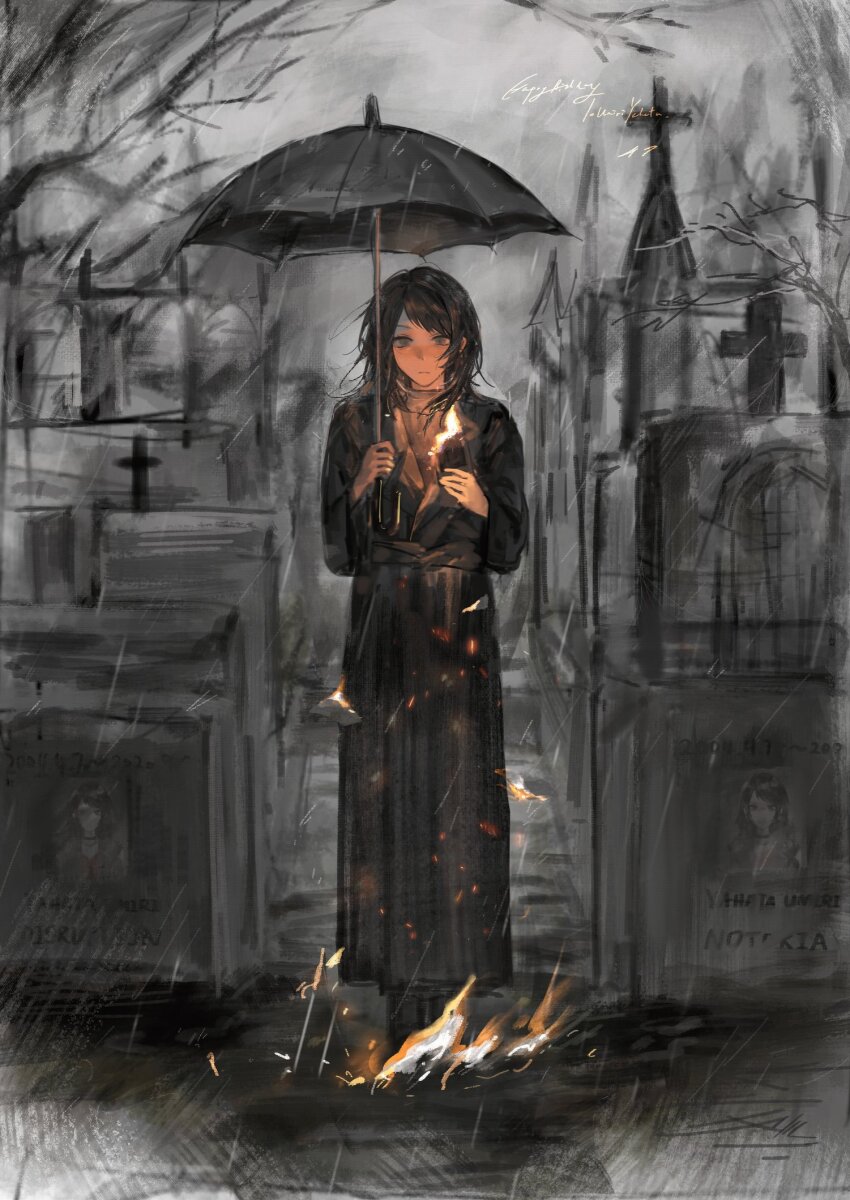 1girl bang_dream! bang_dream!_it's_mygo!!!!! black_choker black_hair choker closed_mouth commentary_request feiyu30903448 fire graveyard grey_hair highres medium_hair outdoors partially_colored rain solo standing yahata_umiri