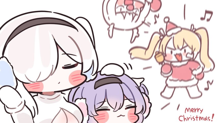 4girls :3 antlers bell blonde_hair blurry blurry_background blush breasts chibi cinderella_(nikke) cleavage cleavage_cutout closed_eyes clothing_cutout commentary drake_(nikke) earmuffs fang goddess_of_victory:_nikke hair_over_one_eye hand_up hashtag-only_commentary hat headpat holding holding_bell horns laplace_(nikke) liberalio_(nikke) loud merry_christmas mming_(mmingis18) multiple_girls musical_note open_mouth purple_hair red_nose reindeer_antlers santa_costume santa_hat short_hair simple_background smile symbol-only_commentary twintails upside-down white_background white_hair