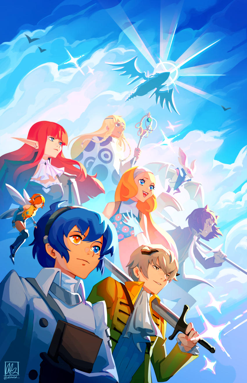 4boys 4girls alina_l animal_ears ascot axe bare_shoulders basilio_(metaphor:_refantazio) black_gloves blonde_hair blue_eyes blue_hair blue_sky book brown_hair closed_mouth cloud commentary creature dark-skinned_female dark-skinned_male dark_skin dress eupha_(metaphor:_refantazio) fairy fairy_wings floating_hair gallica_(metaphor:_refantazio) gloves grey_hair grey_horns heismay_(metaphor:_refantazio) heterochromia highres holding holding_axe holding_book holding_sword holding_weapon horns hulkenberg_(metaphor:_refantazio) jacket junah_(metaphor:_refantazio) long_hair long_sleeves metaphor:_refantazio mini_person minigirl multiple_boys multiple_girls open_clothes open_jacket open_mouth orange_eyes orange_hair pointy_ears poncho profile protagonist_(metaphor:_refantazio) red_eyes red_hair short_hair signature sky sleeveless sleeveless_dress smile strohl_(metaphor:_refantazio) sword third_eye twitter_username weapon white_ascot white_jacket wings yellow_jacket
