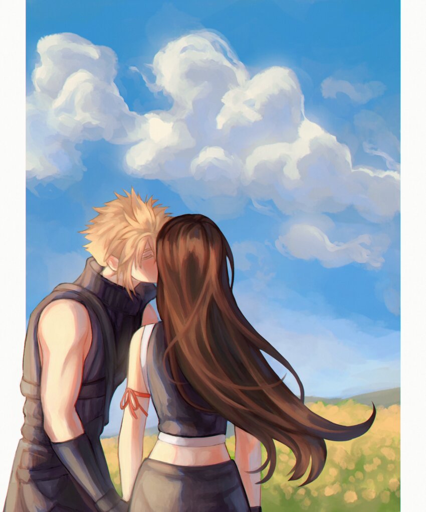 1boy 1girl absurdres apron arm_ribbon bare_shoulders black_apron black_gloves black_hair black_shirt black_vest blonde_hair blue_sky blush border brown_hair closed_eyes cloud cloud_strife cloudy_sky commentary_request couple crop_top day facing_another field final_fantasy final_fantasy_vii final_fantasy_vii:_advent_children flower flower_field from_behind gloves hetero highres kiss long_hair mlkywy outdoors outside_border popped_collar red_ribbon ribbed_shirt ribbon shirt short_hair sky sleeveless sleeveless_shirt spiked_hair tifa_lockhart upper_body vest waist_apron white_border yellow_flower