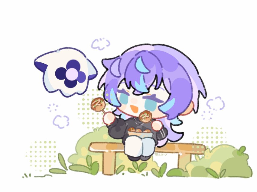 1boy bench black_shirt blue_hair bush chibi colored_tips commentary eating food ghost green_eyes highres holding holding_food hoshirube_sho long_hair long_sleeves looking_at_another male_focus multicolored_hair nijisanji offering_food open_mouth otomo_(hoshirube_sho) pants purple_hair shirt shuxingbuming_moxiaobai simple_background sitting smile solo takoyaki virtual_youtuber white_background white_pants