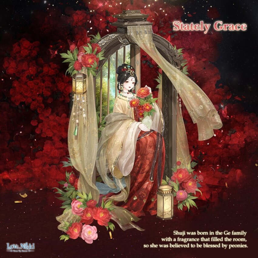 1girl artist_request black_hair character_name chinese_clothes circlet closed_mouth copyright_logo curtains english_text eyeshadow facial_mark floral_background floral_print flower flower_facial_mark flower_symbol forehead_mark full_body gold_experience hair_bun hair_ornament hair_ribbon hair_rings hanfu holding_vase jewelry lantern lattice light_particles light_smile lipstick logo long_sleeves makeup miracle_nikki necklace nikki_(series) official_art paper_lantern peony_(flower) pink_eyeshadow red_background red_flower red_hanfu red_lips red_ribbon ribbon robe shawl short_hair single_hair_bun sitting solo stately_grace_(miracle_nikki) tassel tassel_hair_ornament third-party_source tsurime updo wide_sleeves yellow_eyes yellow_robe yellow_shawl