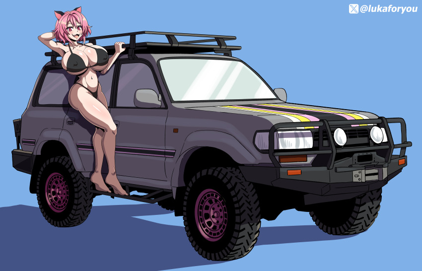 absurdres animal_ears bikini black_bikini breasts cat_ears highres huge_breasts lukaforyou micro_bikini neptunia pink_eyes pink_hair pinup_(style) short_hair swimsuit thick_thighs thighs toyota toyota_land_cruiser yuuki_(neptunia)