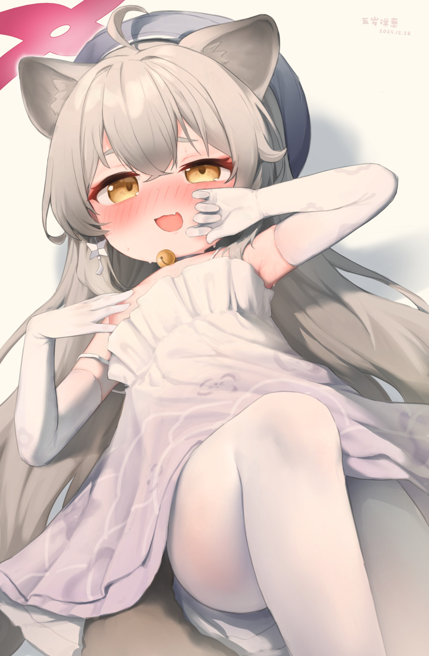 1girl :d absurdres animal_ears areola_slip bell blue_archive blush brown_eyes chinese_commentary commentary_request dress earrings elbow_gloves fang gloves go-sai_tamanegi grey_hair halo highres jewelry jingle_bell loli long_hair michiru_(blue_archive) michiru_(dress)_(blue_archive) neck_bell nose_blush official_alternate_costume open_mouth pantyhose pink_halo raccoon_ears raccoon_girl raccoon_tail skin_fang smile solo tail white_dress white_gloves white_pantyhose