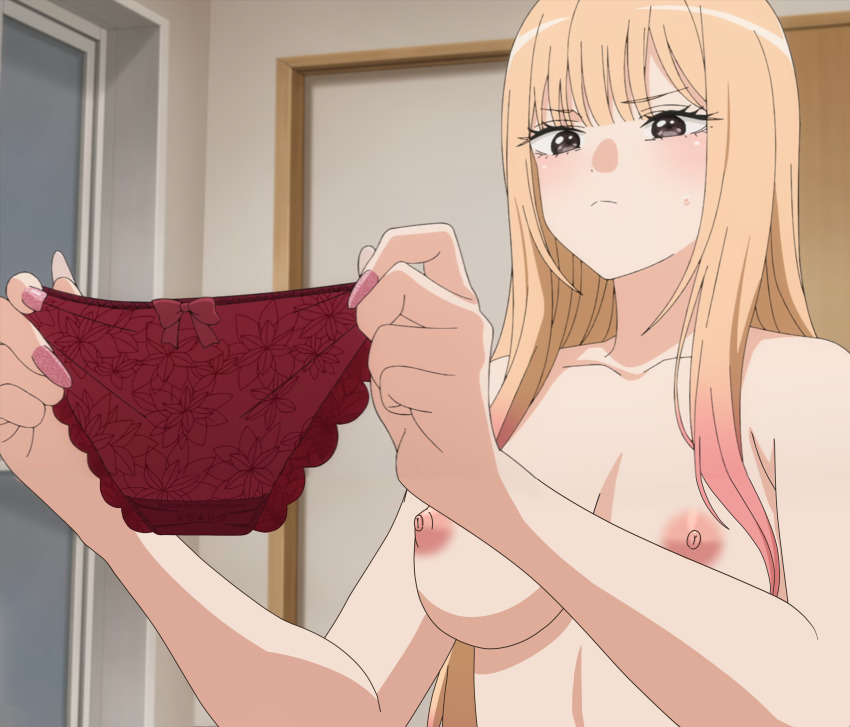 1girl absurdres anime_screenshot blonde_hair blush collarbone gyaru highres holding holding_panties holding_underwear holding_unworn_clothes kitagawa_marin long_hair nail_polish nude_filter panties pink_nails red_eyes red_panties sono_bisque_doll_wa_koi_wo_suru stitched third-party_edit underwear unworn_panties