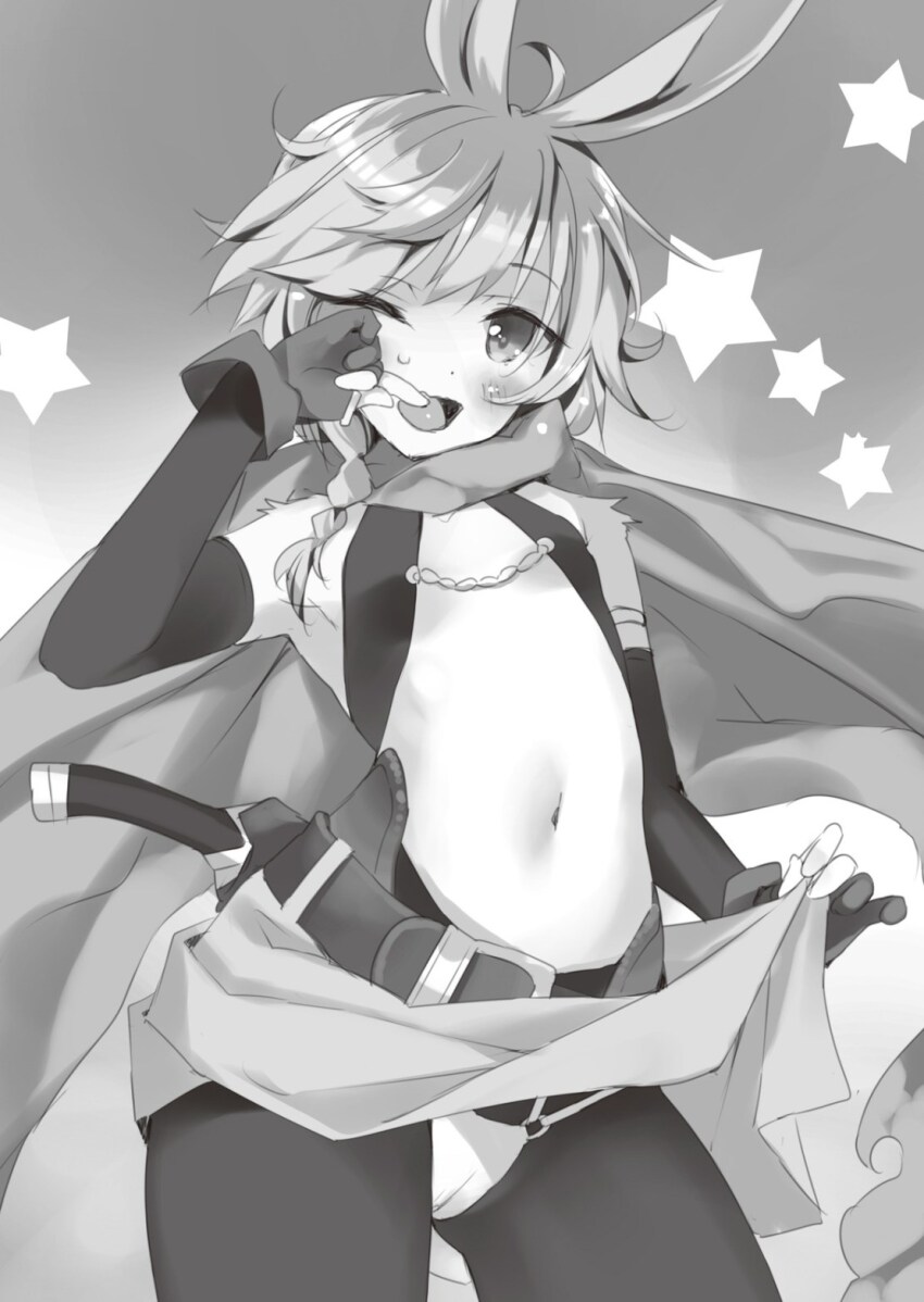 1girl armpits blush braid clothes_lift dagger dot_nose elbow_gloves female_focus fingerless_gloves flat_chest gloves highres horn_(isekai_maou) isekai_maou_to_shoukan_shoujo_no_dorei_majutsu knife loli long_glove looking_at_viewer medium_hair midriff miniskirt monochrome navel no_bra novel_illustration official_art one_eye_closed open_mouth pants rabbit_ears rabbit_girl sexually_suggestive skin_tight skirt skirt_lift solo solo_focus stomach sweat sweater tight_clothes tight_pants tsurusaki_takahiro weapon