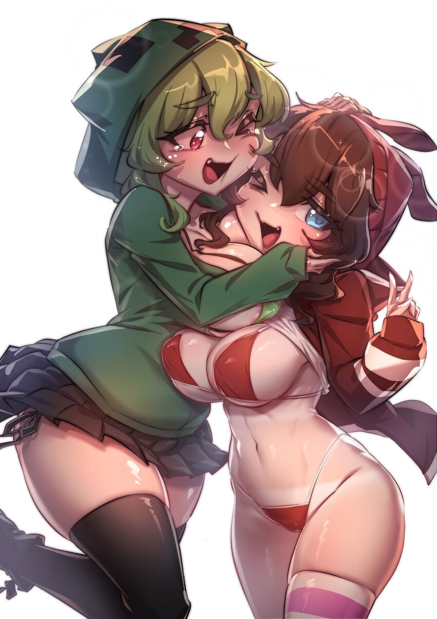 2girls areola_slip beanie bikini black_skirt black_thighhighs blue_eyes breasts brown_hair clothes_lift commentary creeper double-parted_bangs english_commentary ermao_wu fang green_bikini green_hair green_hoodie hair_between_eyes hand_up hat highleg highleg_bikini highres hood hood_up hoodie hug large_breasts long_sleeves looking_at_another looking_at_viewer medium_hair microskirt minecraft multiple_girls navel one_eye_closed open_mouth original personification pink_eyes red_bikini red_hat red_shrug shirt shirt_lift shrug_(clothing) simple_background skirt smile swimsuit tan tanline tearing_up thighhighs v white_background white_shirt