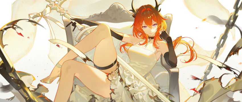 1girl absurdres arknights bare_shoulders black_gloves black_horns chain closed_mouth commentary dress elbow_gloves foot_out_of_frame glint gloves hair_between_eyes hair_intakes high_heels highres holding horns leg_up long_hair looking_at_viewer munosuke no_socks orange_hair purple_eyes shoes sitting solo surtr_(arknights) thigh_strap white_dress white_shoes