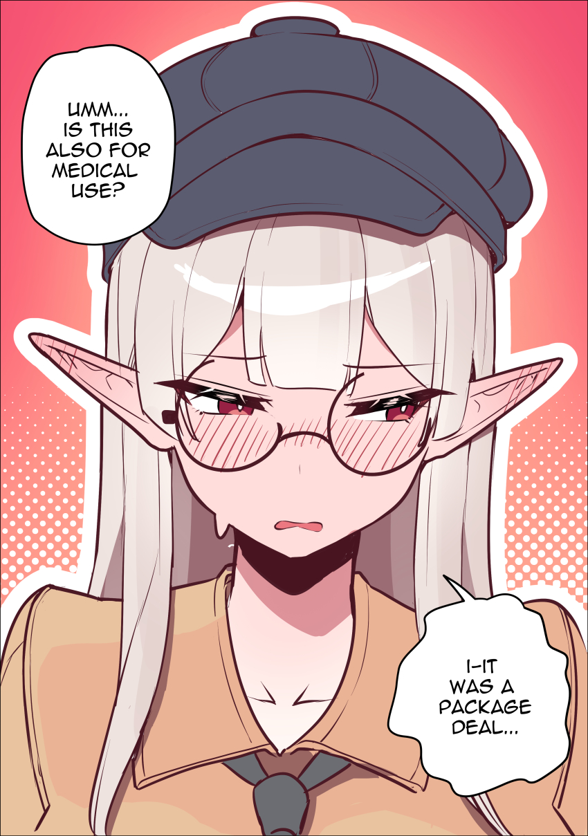 1girl absurdres averting_eyes black_hat blush brown_shirt commentary double-parted_bangs elf english_commentary english_text facing_viewer full-face_blush glasses grey_hair hat highres long_hair looking_to_the_side mirui09 open_mouth original pointy_ears portrait red_background red_eyes shirt sidelocks solo speech_bubble sweat sweatdrop talking