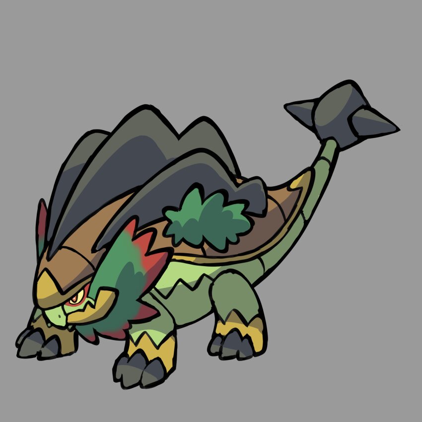 absurdres adoptable animal_focus closed_mouth colored_sclera commentary english_commentary fakemon full_body gen_4_pokemon grey_background grotle highres nintendo no_humans original pokemon pokemon_(creature) pokemon_focus red_eyes rgreywind simple_background solo yellow_sclera