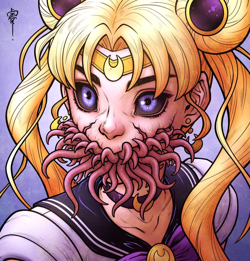 1girl bishoujo_senshi_sailor_moon bishoujo_senshi_sailor_moon_s black_sclera blonde_hair blue_eyes choker circlet colored_sclera commentary cracked_skin creepy crescent crescent_earrings double_bun earrings english_commentary hair_bun highres horror_(theme) jewelry meme monster_girl portrait purple_choker renedraws sailor_moon sailor_moon_redraw_challenge_(meme) signature solo tentacles tsukino_usagi twintails what bad_tag