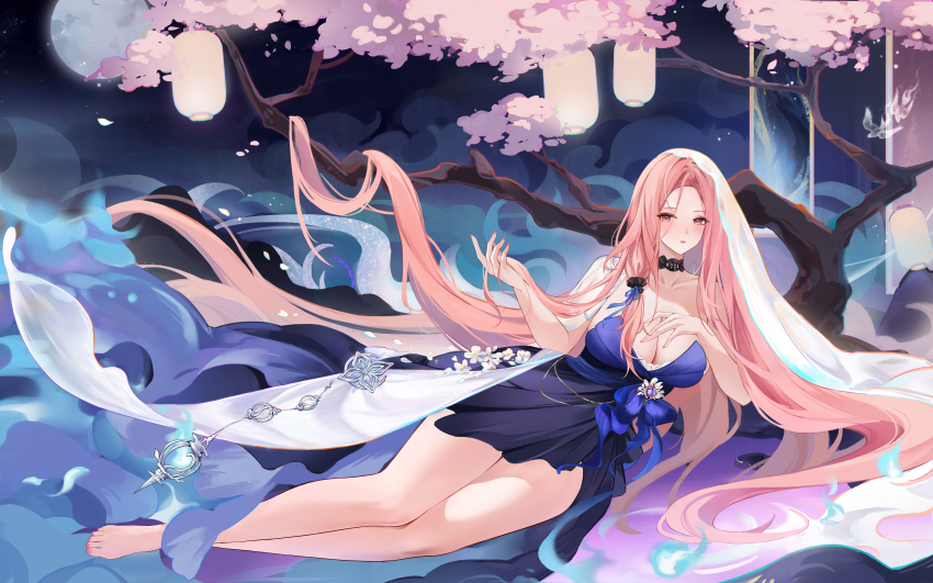 1girl absurdly_long_hair absurdres azur_lane baige_chen barefoot black_choker blue_dress blue_ribbon breasts choker cleavage collarbone commentary_request dress full_body full_moon hair_between_eyes hand_on_own_chest highres large_breasts lexington_ii_(azur_lane) long_hair long_hair_between_eyes looking_at_viewer lying moon nail_polish night on_side pink_eyes pink_hair ribbon sleeveless sleeveless_dress solo toenail_polish toenails very_long_hair