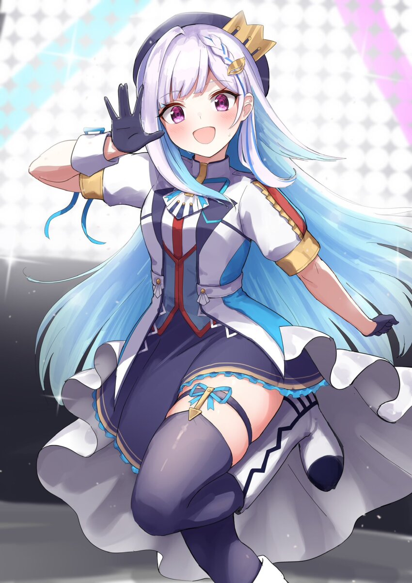 1girl :d \||/ arm_up beret blue_gloves blue_hair blue_hat blue_skirt blue_thighhighs blush boots braid coat colored_inner_hair commentary_request crown_hat_ornament foot_out_of_frame frilled_skirt frills gloves hair_ornament hat highres idol_clothes kurenai_rock lapels light_particles lize_helesta long_coat long_hair looking_at_viewer multicolored_hair nijisanji open_mouth purple_eyes sanbaka_anniversary_outfit short_sleeves side_braid sidelocks single_wrist_cuff skindentation skirt sleeve_ribbon smile solo stage standing standing_on_one_leg streaked_hair sweat thigh_strap thighhighs thighs very_long_hair virtual_youtuber white_boots white_coat white_hair wrist_cuffs ||/